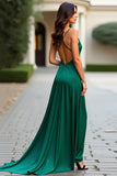 Dark Green Satin A Line Spaghetti Straps Long Formal Dress with Slit