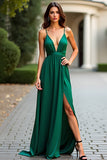 Dark Green Satin A Line Spaghetti Straps Long Formal Dress with Slit