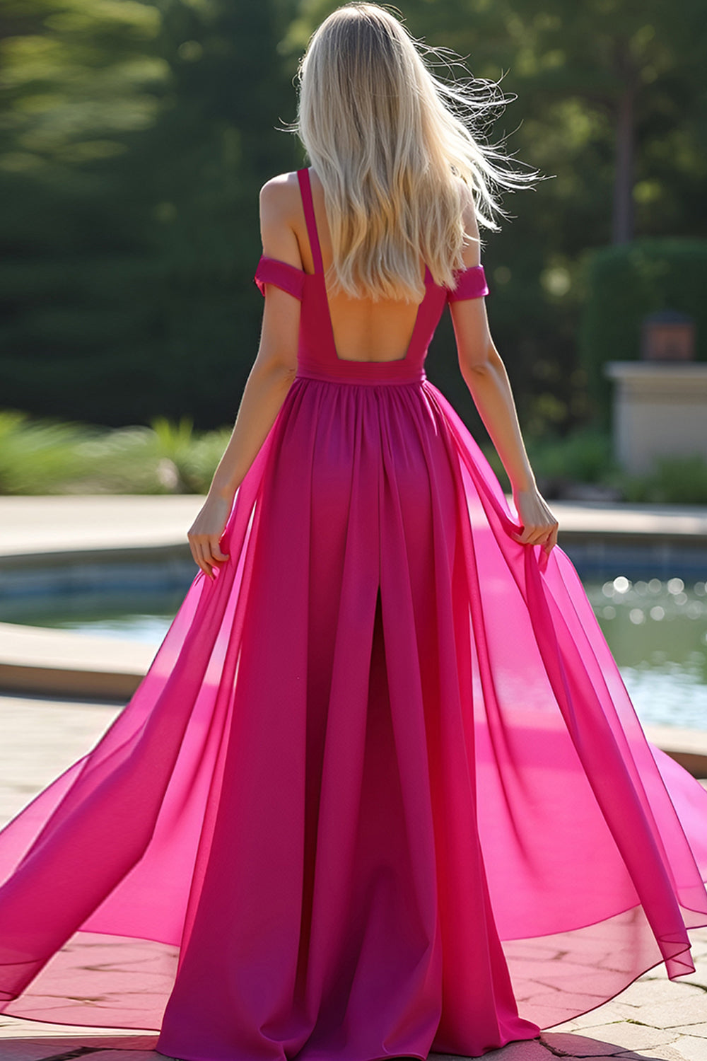Fuchsia Cold Shoulder A Line Long Formal Dress
