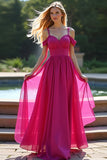 Fuchsia Cold Shoulder A Line Long Formal Dress