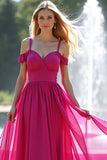 Fuchsia Cold Shoulder A Line Long Formal Dress