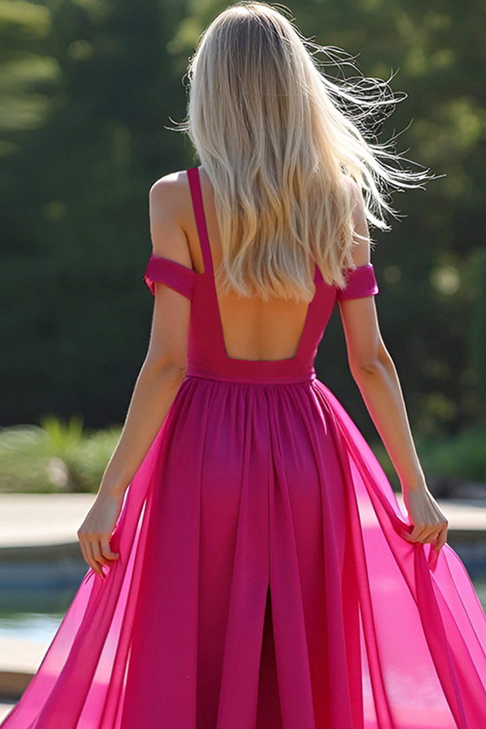 Fuchsia Cold Shoulder A Line Long Formal Dress