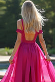 Fuchsia Cold Shoulder A Line Long Formal Dress