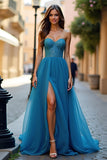 Blue Beaded A Line Strapless Formal Dress with Slit