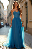 Blue Beaded A Line Strapless Formal Dress with Slit