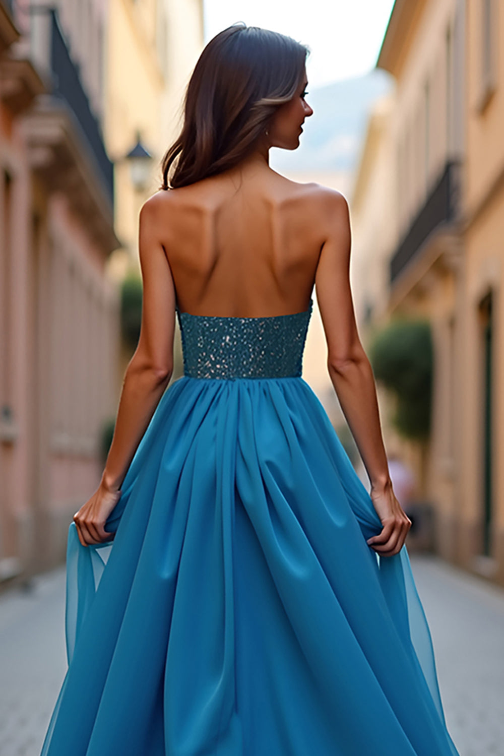 Blue Beaded A Line Strapless Formal Dress with Slit