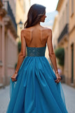 Blue Beaded A Line Strapless Formal Dress with Slit