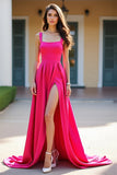 Fuchsia Square Neck A Line Long Formal Dress with Slit