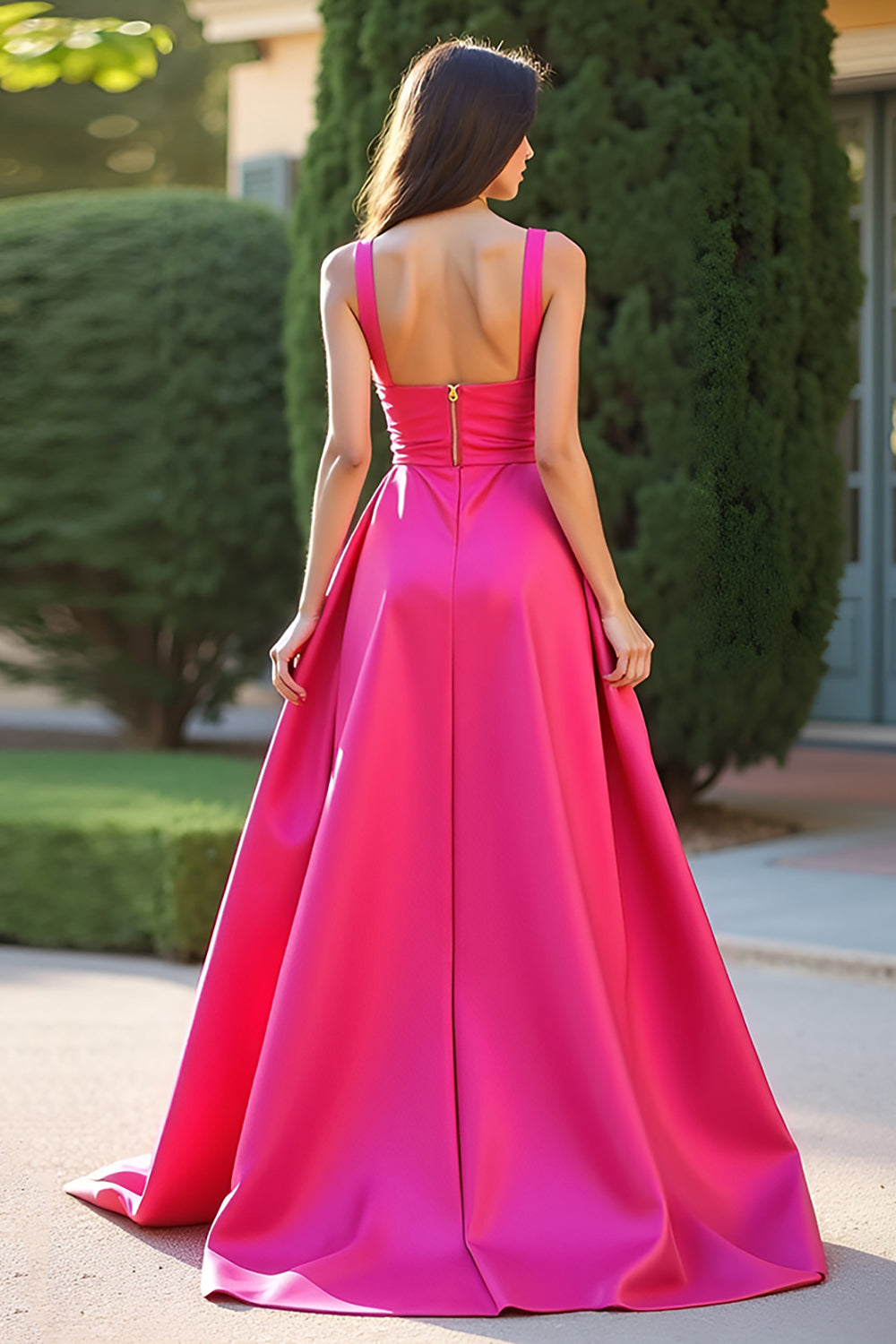 Fuchsia Square Neck A Line Long Formal Dress with Slit