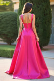 Fuchsia Square Neck A Line Long Formal Dress with Slit