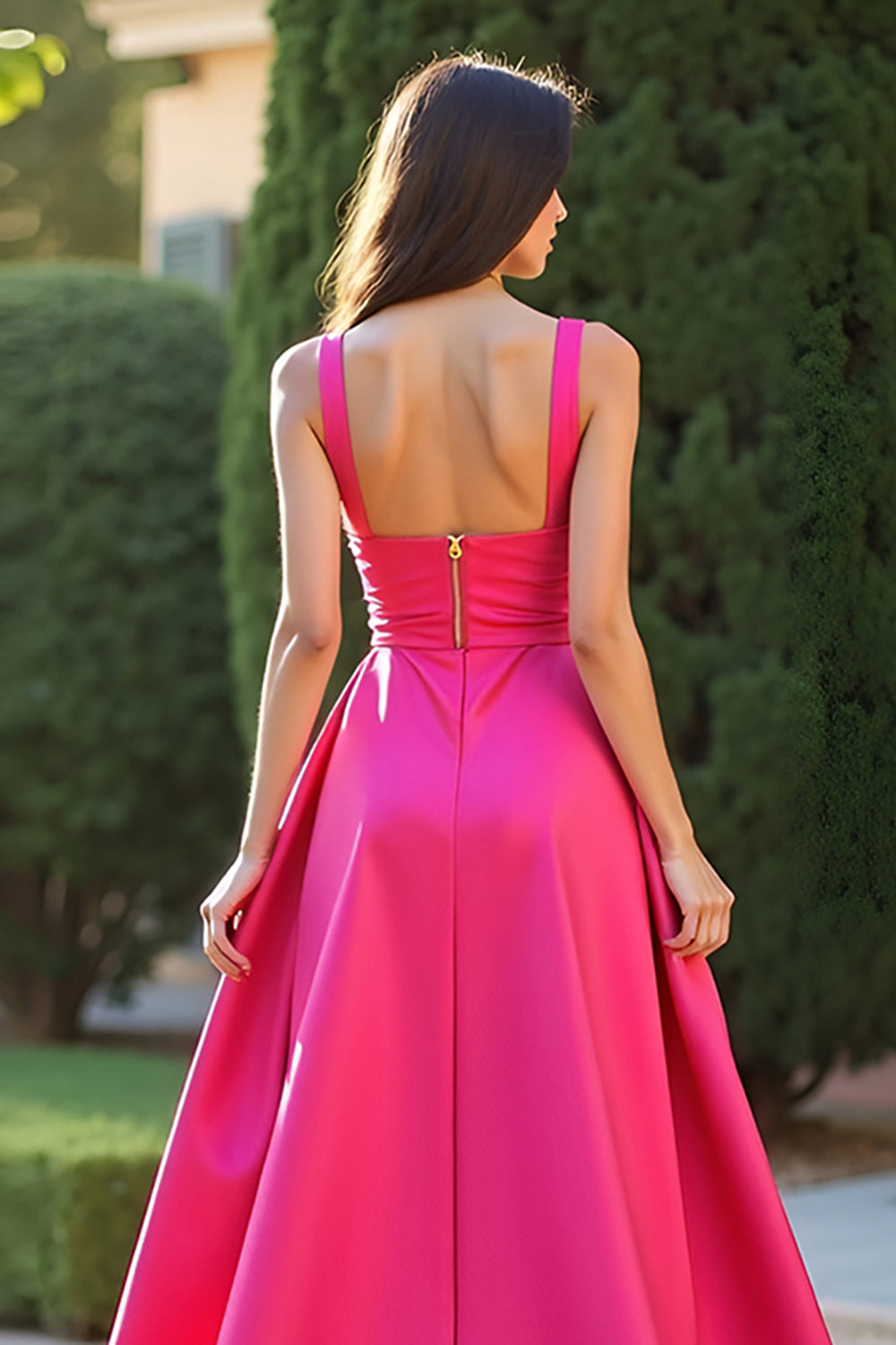 Fuchsia Square Neck A Line Long Formal Dress with Slit