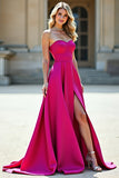 Fuchsia A Line Strapless Formal Dress with Slit