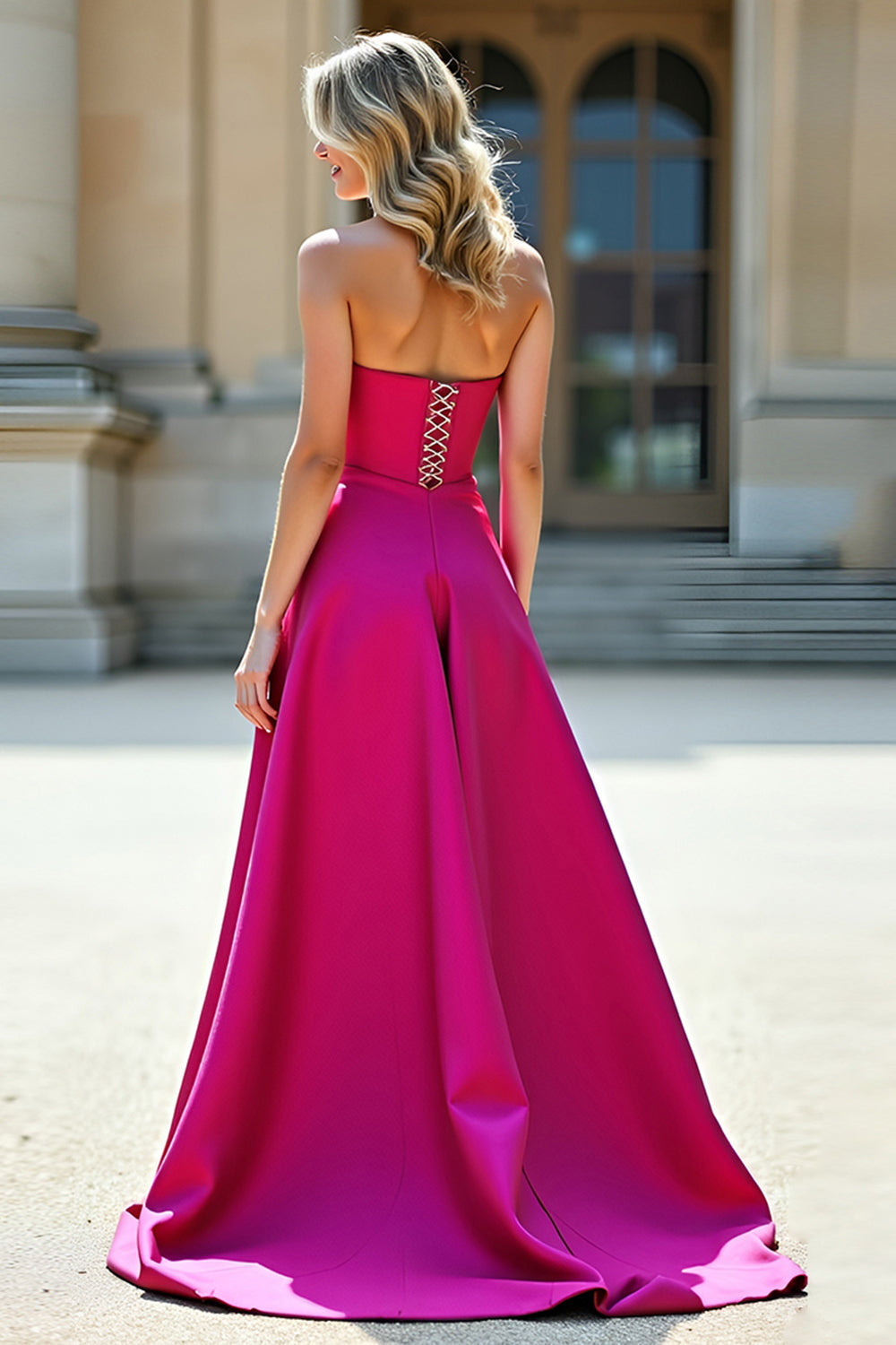 Fuchsia A Line Strapless Formal Dress with Slit