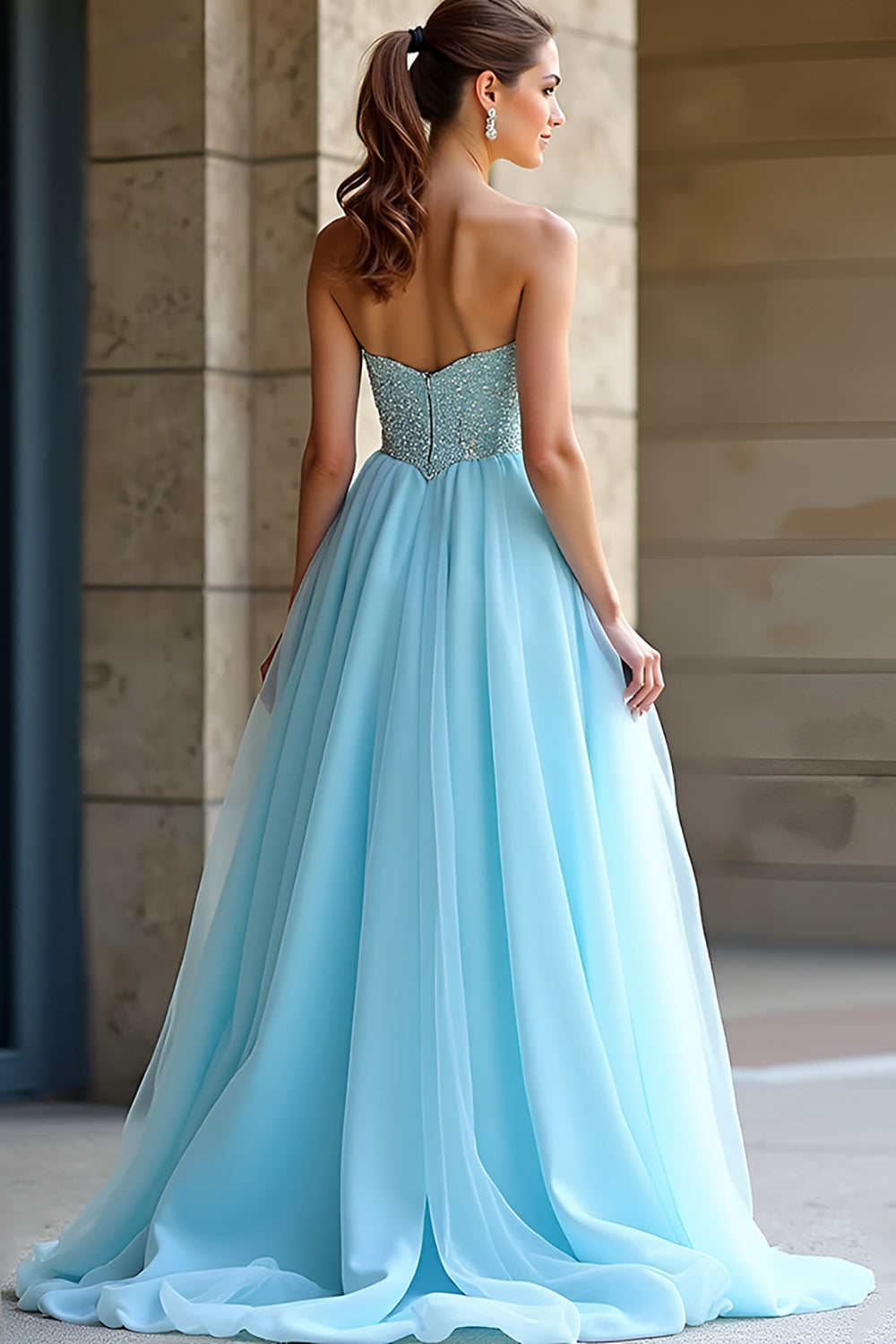 Light Blue Beaded Strapless A Line Long Formal Dress with Slit