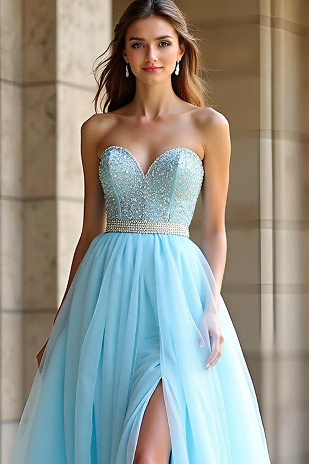 Light Blue Beaded Strapless A Line Long Formal Dress with Slit