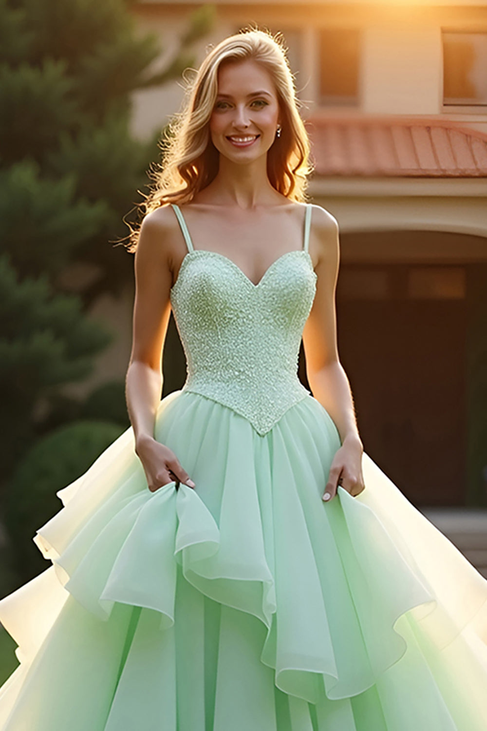Sparkly Green Ball Gown Ruffled Tiered Beaded Long Formal Dress