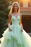Sparkly Green Ball Gown Ruffled Tiered Beaded Long Formal Dress