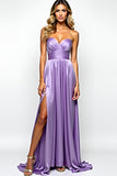 Purple A Line Sweetheart Satin Long Formal Dress with Slit