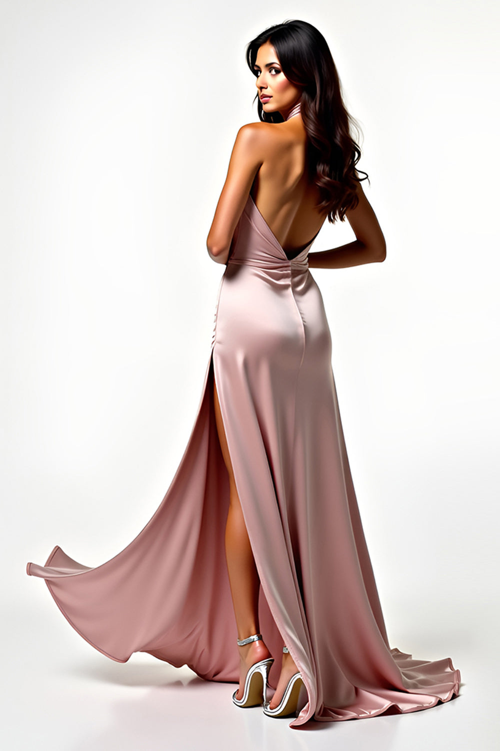 Blush Satin Halter Neck Backless Long Formal Dress with Side Slit