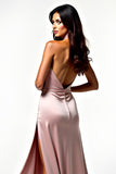 Blush Satin Halter Neck Backless Long Formal Dress with Side Slit