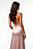 Blush Satin Halter Neck Backless Long Formal Dress with Side Slit