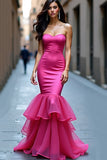 Fuchsia Satin Mermaid Strapless Long Formal Dress with Ruffled Hem