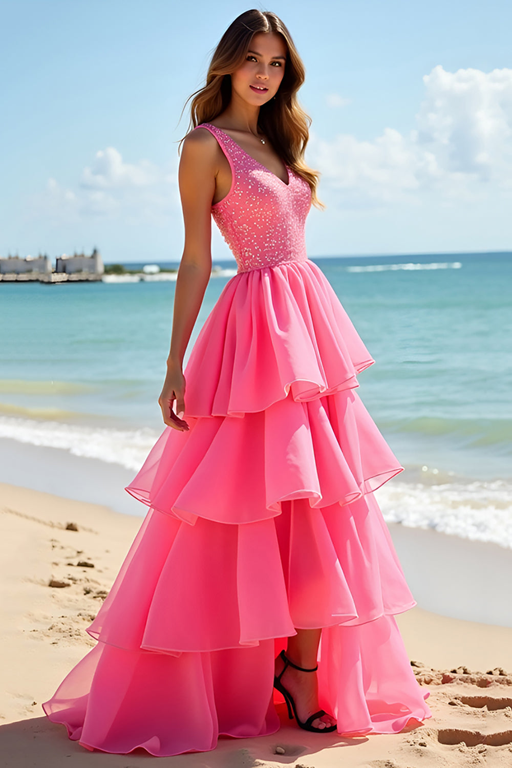 Sparkly Hot Pink Beaded V Neck A Line Tiered Long Formal Dress