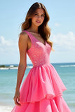 Sparkly Hot Pink Beaded V Neck A Line Tiered Long Formal Dress