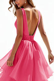 Sparkly Hot Pink Beaded V Neck A Line Tiered Long Formal Dress