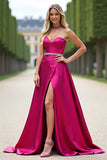 Fuchsia Strapless A Line Formal Dress With Slit