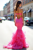 Fuchsia Mermaid Strapless Cut Out Ruffled Formal Dress