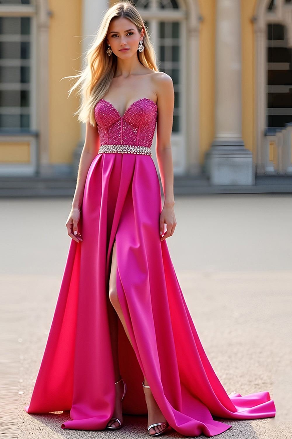 Fuchsia A Line Strapless Corset Sequin Formal Dress