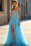 Sparkly Blue A Line Sweetheart Beaded Long  Dress With Slit