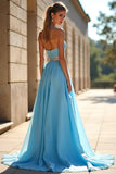 Sparkly Blue A Line Sweetheart Beaded Long  Dress With Slit