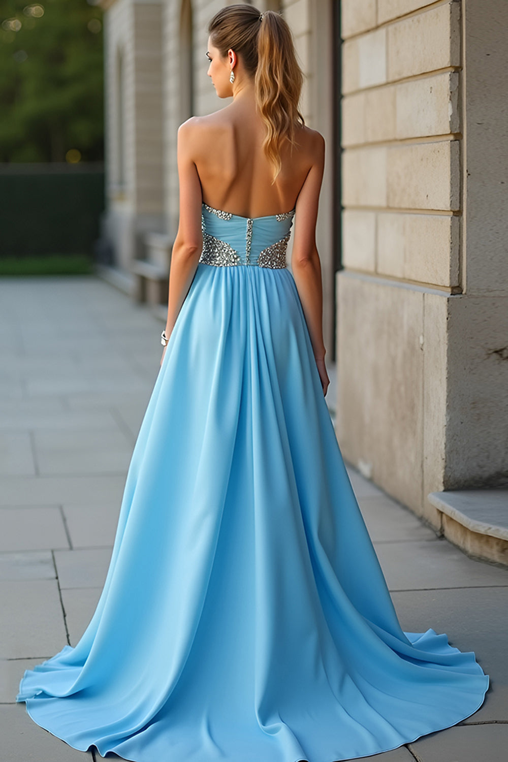 Sparkly Blue A Line Sweetheart Beaded Long  Dress With Slit