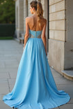 Sparkly Blue A Line Sweetheart Beaded Long  Dress With Slit