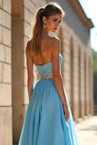 Sparkly Blue A Line Sweetheart Beaded Long  Dress With Slit