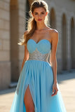 Sparkly Blue A Line Sweetheart Beaded Long  Dress With Slit