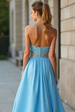 Sparkly Blue A Line Sweetheart Beaded Long  Dress With Slit