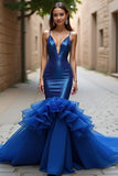 Sparkly Royal Blue Mermaid Spaghetti Straps Long Formal Dress With Ruffles