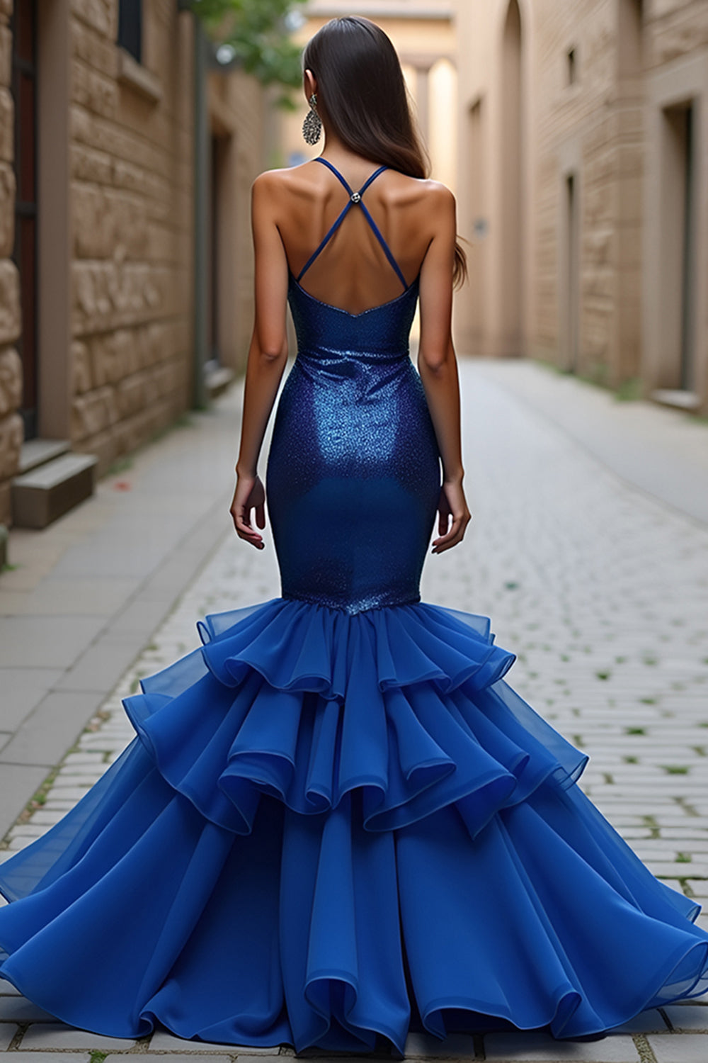 Sparkly Royal Blue Mermaid Spaghetti Straps Long Formal Dress With Ruffles