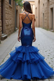 Sparkly Royal Blue Mermaid Spaghetti Straps Long Formal Dress With Ruffles