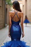 Sparkly Royal Blue Mermaid Spaghetti Straps Long Formal Dress With Ruffles