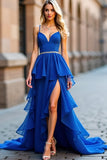 Sparkly Royal Blue A Line Ruffles Beaded Long Formal Dress with Slit