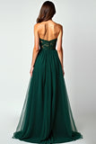 Dark Green A Line Strapless Lace Slit Long Formal Dress