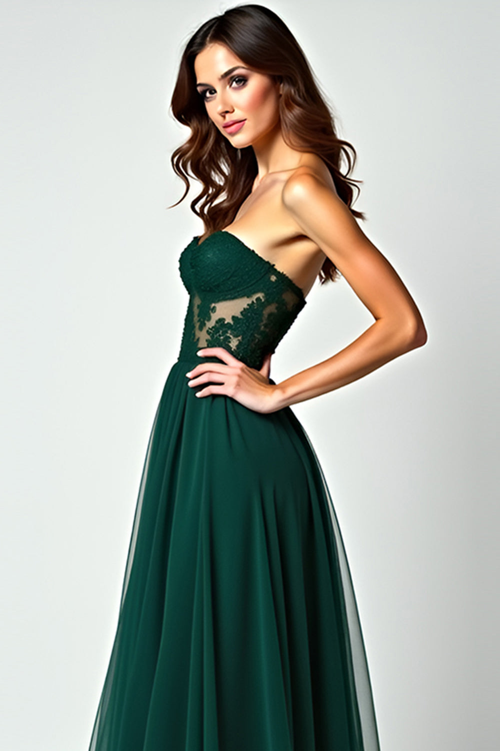 Dark Green A Line Strapless Lace Slit Long Formal Dress