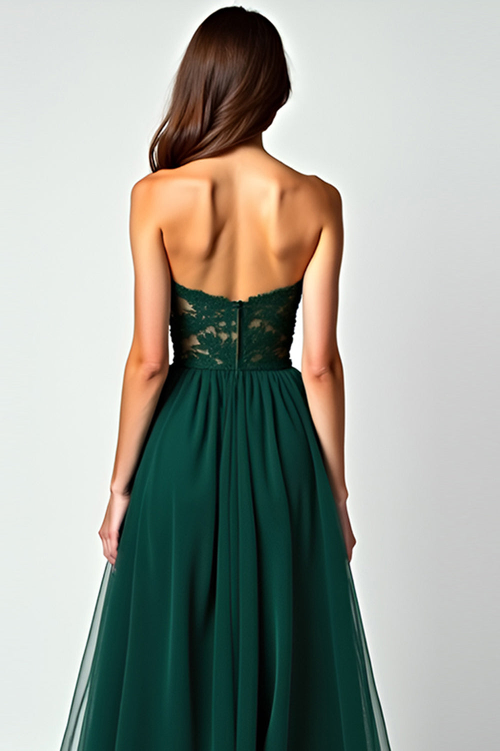 Dark Green A Line Strapless Lace Slit Long Formal Dress