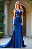 Royal Blue Sheath V Neck Lace Beaded Long Formal Dress With Slit