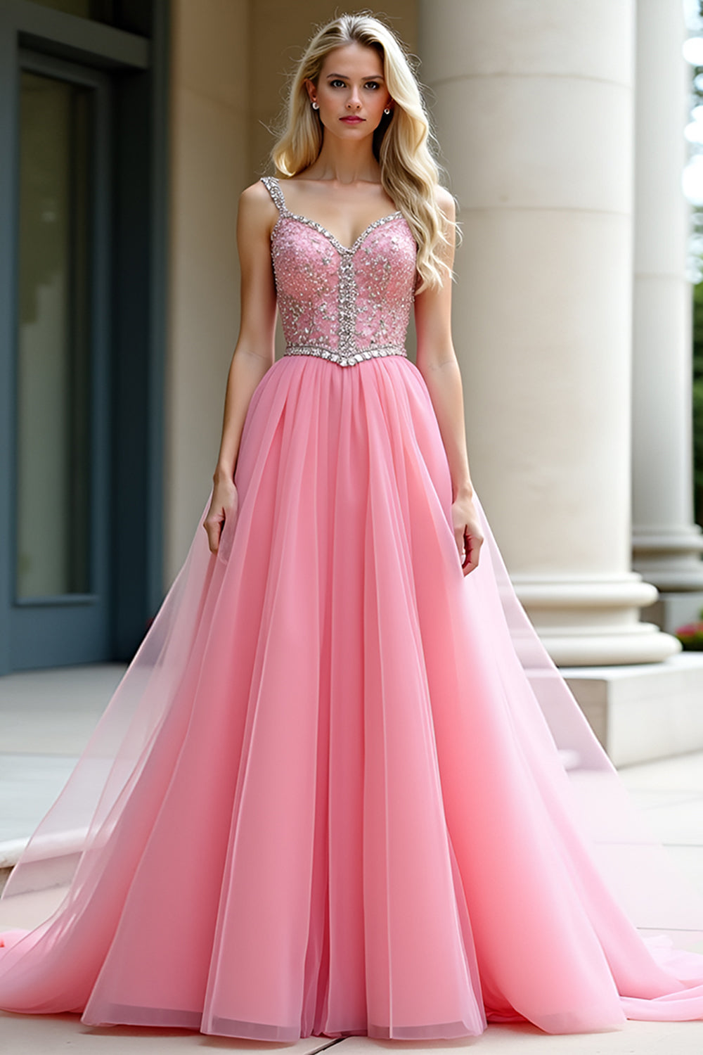 Sparkly Pink Ball Gown Spaghetti Straps Tulle Long Formal Dress with Beading