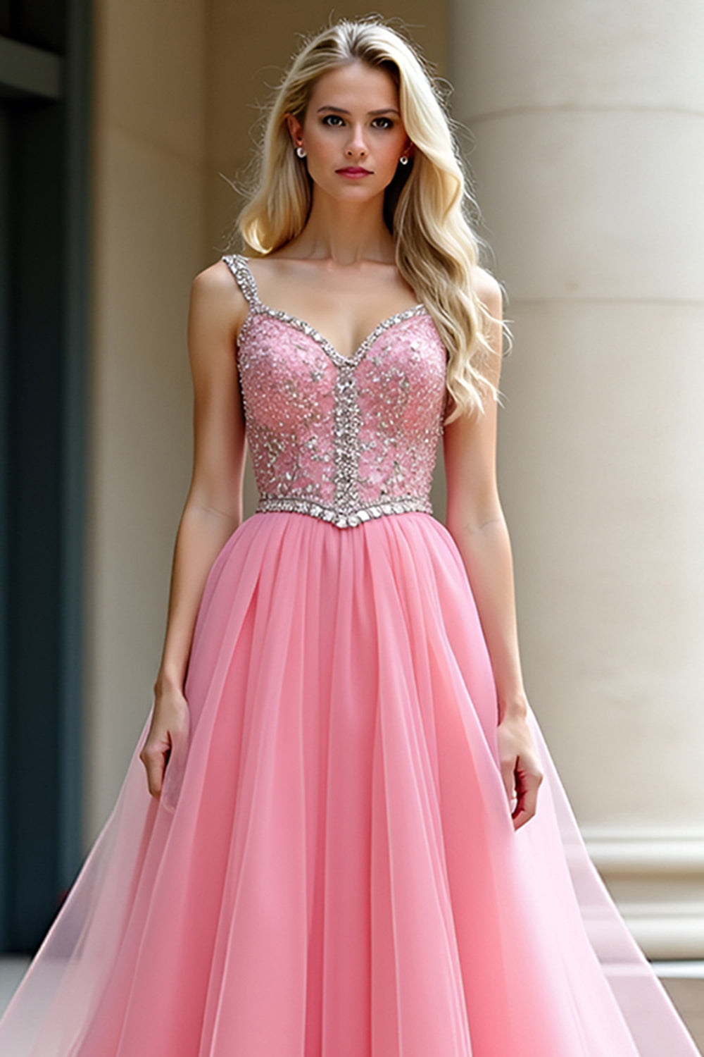 Sparkly Pink Ball Gown Spaghetti Straps Tulle Long Formal Dress with Beading